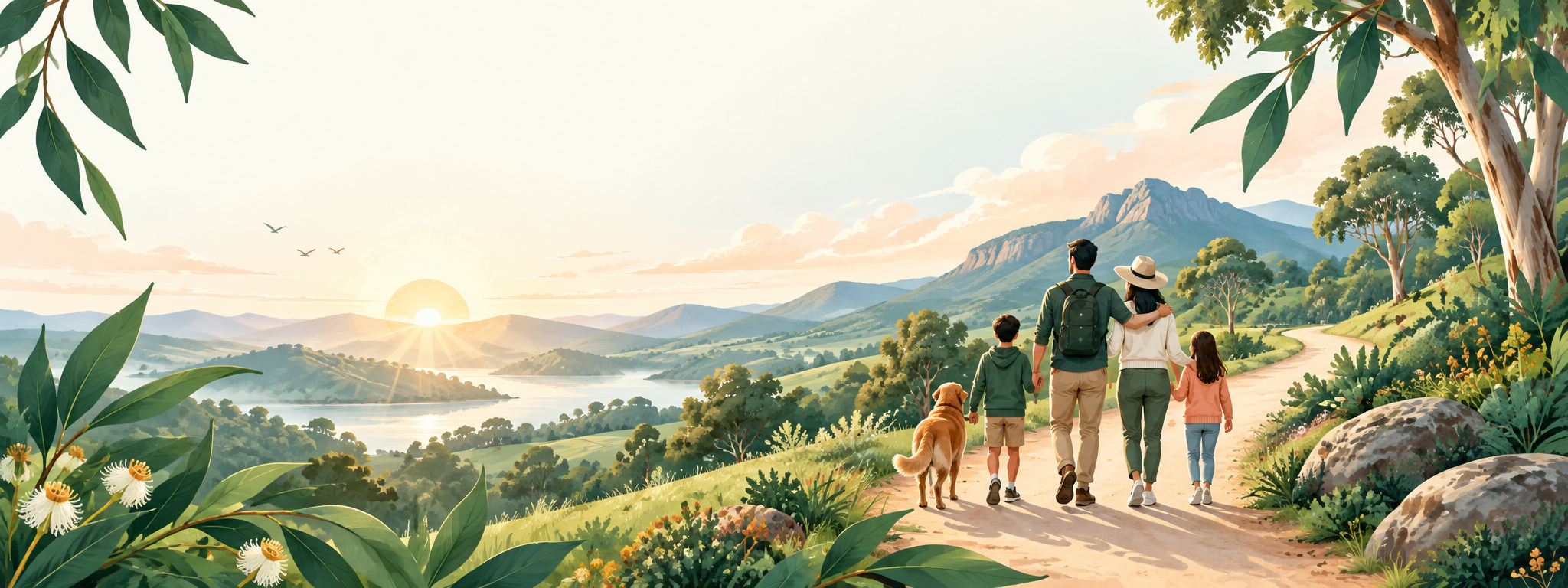 An illustrated walking trail through mountains